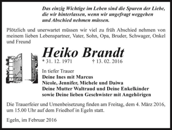 Traueranzeige von Heiko Brandt  von Magdeburger Volksstimme