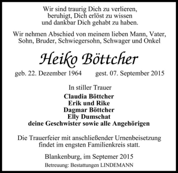 Traueranzeige von Heiko Böttcher  von Magdeburger Volksstimme