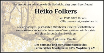 Traueranzeige von Heiko Folkers  von Magdeburger Volksstimme