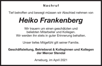 Traueranzeige von Heiko Frankenberg  von Magdeburger Volksstimme
