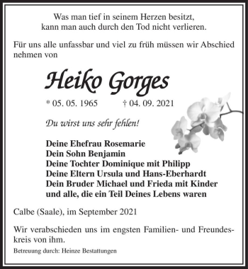 Traueranzeige von Heiko Gorges  von Magdeburger Volksstimme