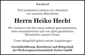 Traueranzeige von Heiko Hecht  von Magdeburger Volksstimme