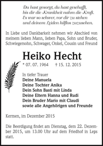 Traueranzeige von Heiko Hecht  von Magdeburger Volksstimme