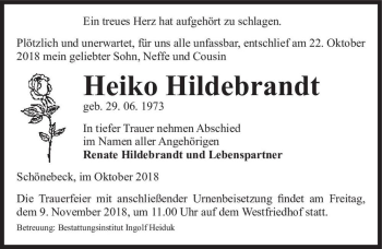 Traueranzeige von Heiko Hildebrandt  von Magdeburger Volksstimme