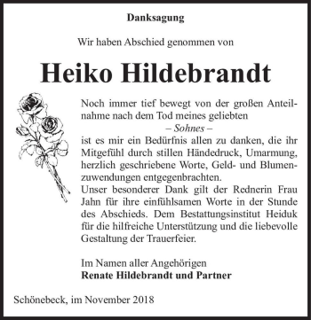 Traueranzeige von Heiko Hildebrandt  von Magdeburger Volksstimme