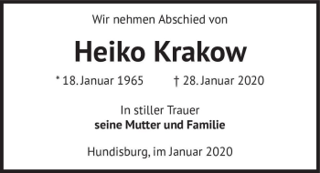 Traueranzeige von Heiko Krakow  von Magdeburger Volksstimme