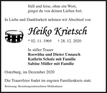 Traueranzeige von Heiko Krietsch  von Magdeburger Volksstimme