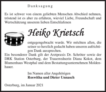 Traueranzeige von Heiko Krietsch  von Magdeburger Volksstimme