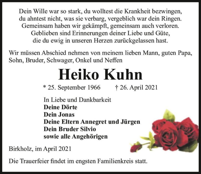  Traueranzeige für Heiko Kuhn  vom 30.04.2021 aus Magdeburger Volksstimme