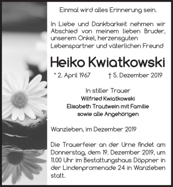 Traueranzeige von Heiko Kwiatkowski  von Magdeburger Volksstimme