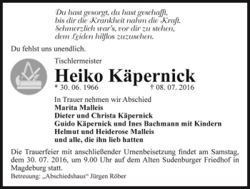 Traueranzeige von Heiko Käpernick  von Magdeburger Volksstimme