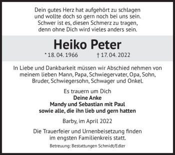 Traueranzeige von Heiko Peter  von Magdeburger Volksstimme