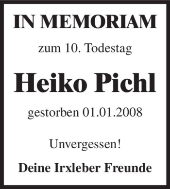 Traueranzeige von Heiko Pichl  von Magdeburger Volksstimme