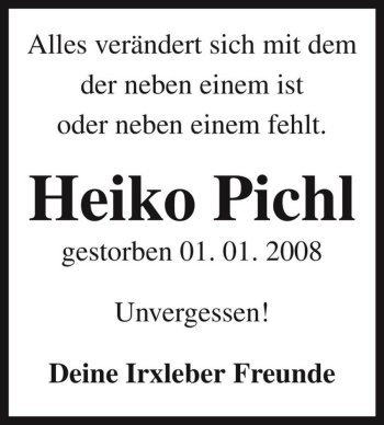 Traueranzeige von Heiko Pichl  von Magdeburger Volksstimme