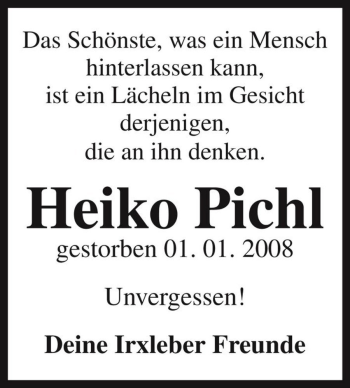 Traueranzeige von Heiko Pichl  von Magdeburger Volksstimme