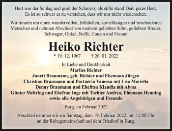 Traueranzeige von Heiko Richter  von Magdeburger Volksstimme