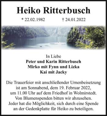 Traueranzeige von Heiko Ritterbusch  von Magdeburger Volksstimme
