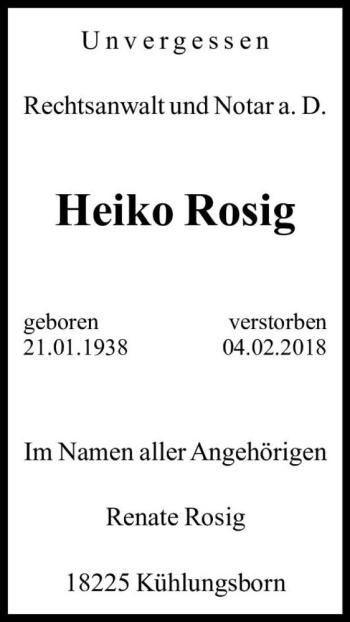 Traueranzeige von Heiko Rosig  von Magdeburger Volksstimme