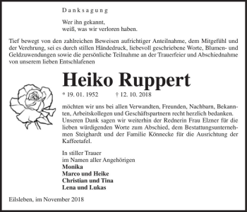 Traueranzeige von Heiko Ruppert  von Magdeburger Volksstimme
