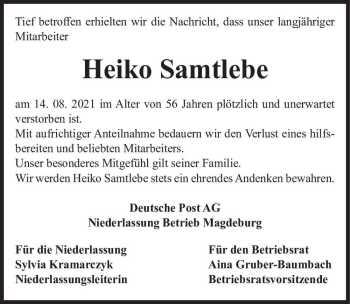 Traueranzeige von Heiko Samtlebe  von Magdeburger Volksstimme