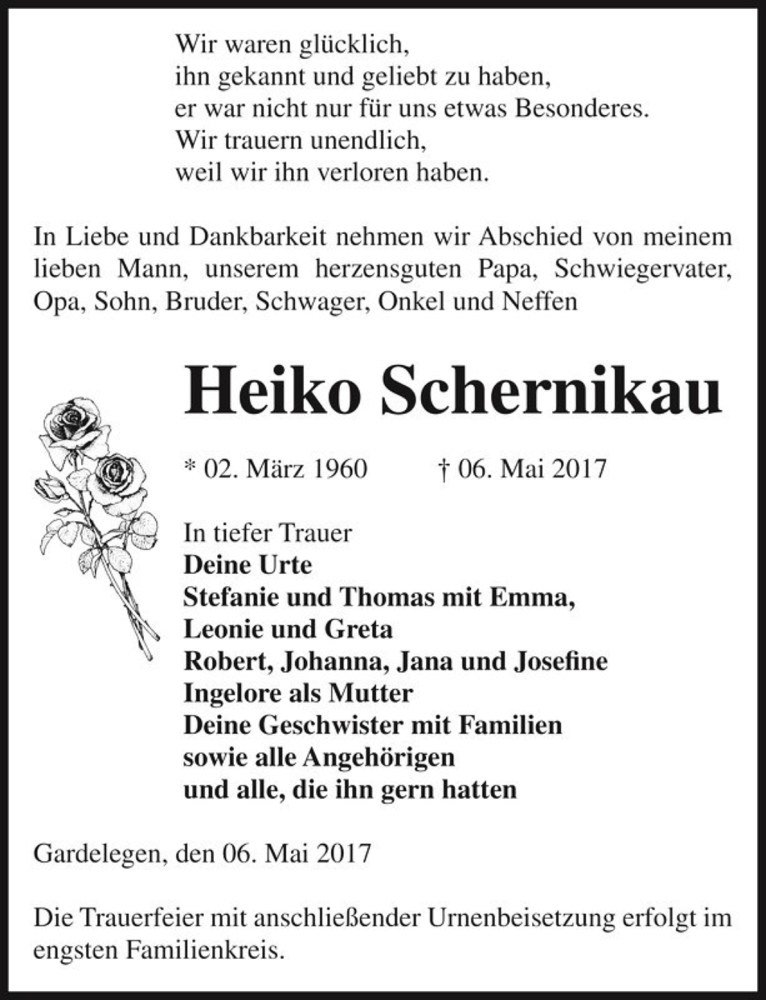  Traueranzeige für Heiko Schernikau  vom 10.05.2017 aus Magdeburger Volksstimme