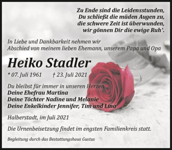 Traueranzeige von Heiko Stadler  von Magdeburger Volksstimme
