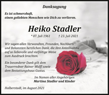 Traueranzeige von Heiko Stadler  von Magdeburger Volksstimme