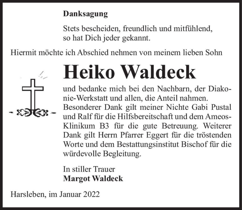  Traueranzeige für Heiko Waldeck  vom 08.01.2022 aus Magdeburger Volksstimme