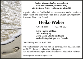 Traueranzeige von Heiko Weber  von Magdeburger Volksstimme