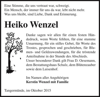 Traueranzeige von Heiko Wenzel  von Magdeburger Volksstimme