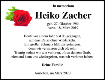 Traueranzeige von Heiko Zacher  von Magdeburger Volksstimme