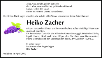 Traueranzeige von Heiko Zacher  von Magdeburger Volksstimme