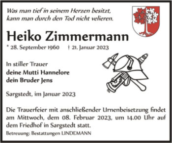 Traueranzeige von Heiko Zimmermann  von Magdeburger Volksstimme
