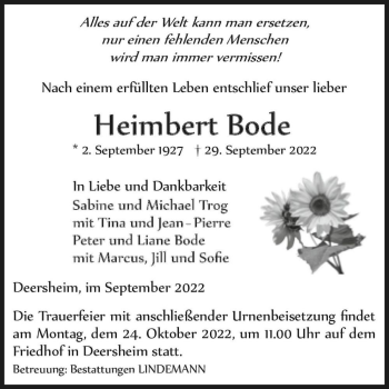 Traueranzeige von Heimbert Bode  von Magdeburger Volksstimme