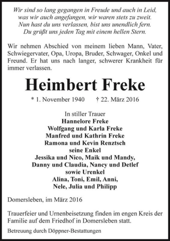 Traueranzeige von Heimbert Freke  von Magdeburger Volksstimme