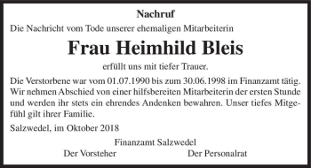 Traueranzeige von Heimhild Bleis  von Magdeburger Volksstimme