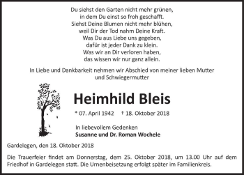 Traueranzeige von Heimhild Bleis  von Magdeburger Volksstimme