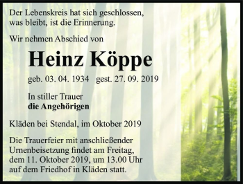 Traueranzeige von Hein Köppe  von Magdeburger Volksstimme