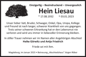 Traueranzeige von Hein Liesau  von Magdeburger Volksstimme