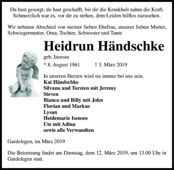 Traueranzeige von Heindrun Händschke (geb. Isensee)  von Magdeburger Volksstimme