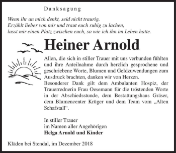 Traueranzeige von Heiner Arnold  von Magdeburger Volksstimme
