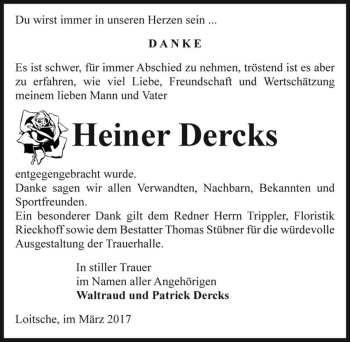 Traueranzeige von Heiner Dercks  von Magdeburger Volksstimme