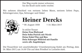 Traueranzeige von Heiner Dercks  von Magdeburger Volksstimme
