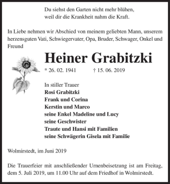 Traueranzeige von Heiner Grabitzki  von Magdeburger Volksstimme