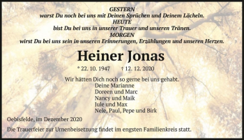 Traueranzeige von Heiner Jonas  von Magdeburger Volksstimme