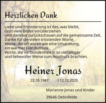 Traueranzeige von Heiner Jonas  von Magdeburger Volksstimme