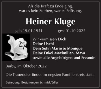 Traueranzeige von Heiner Kluge  von Magdeburger Volksstimme