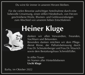 Traueranzeige von Heiner Kluge  von Magdeburger Volksstimme