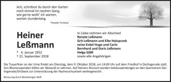 Traueranzeige von Heiner Leßmann  von Magdeburger Volksstimme