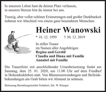 Traueranzeige von Heiner Wanowski  von Magdeburger Volksstimme